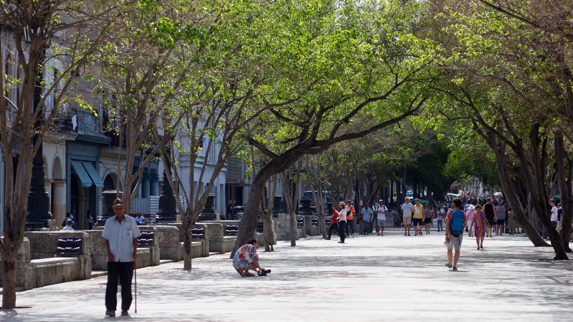 Cubanen lopen over de Paseo del Prado in Havana