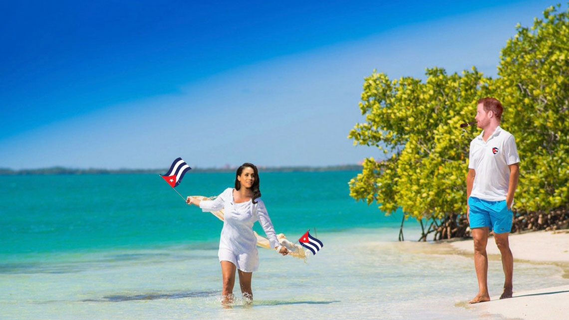 A couple depicting Prince Harry and Meghan in a remote Cuban beach