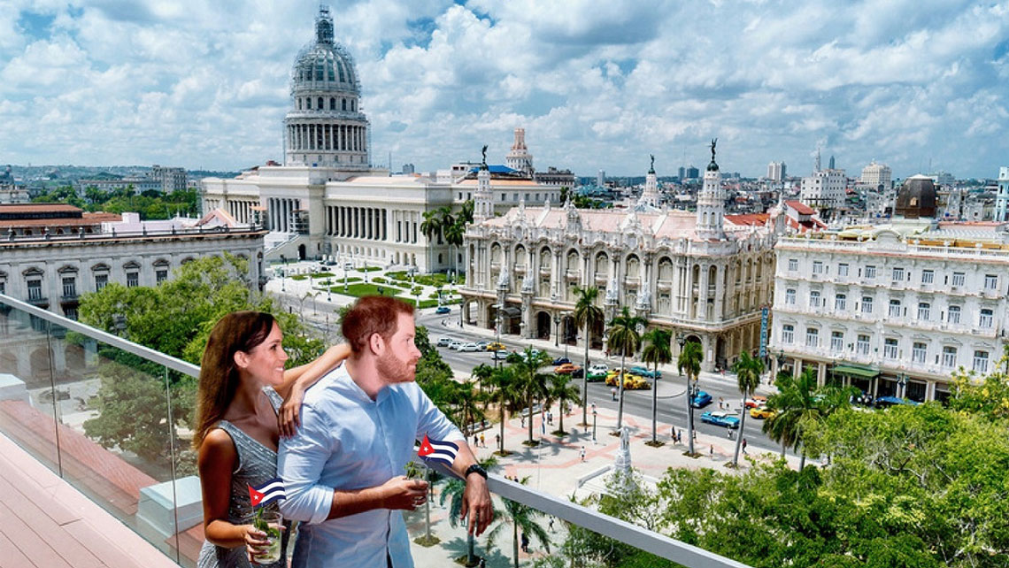 A couple depicting Prince Harry and Meghan Markle looking over Central Park in Havana