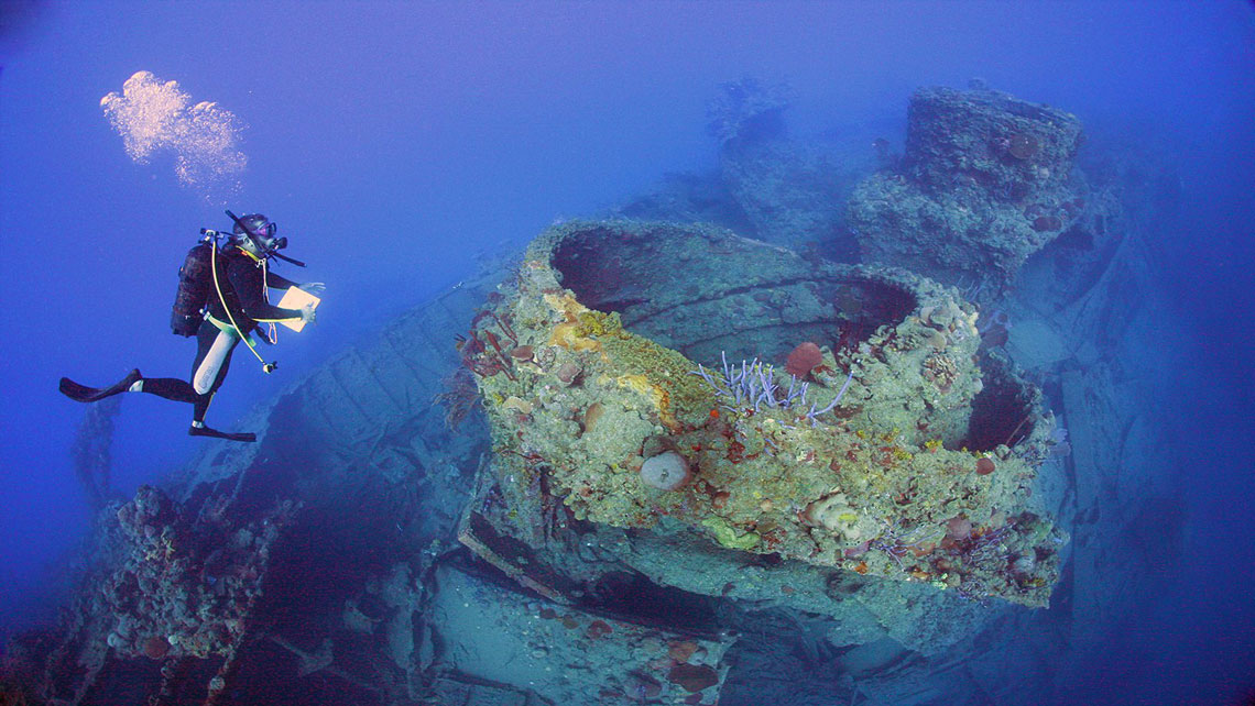 A shipwreck sitting on the seabed near Playa Larga
