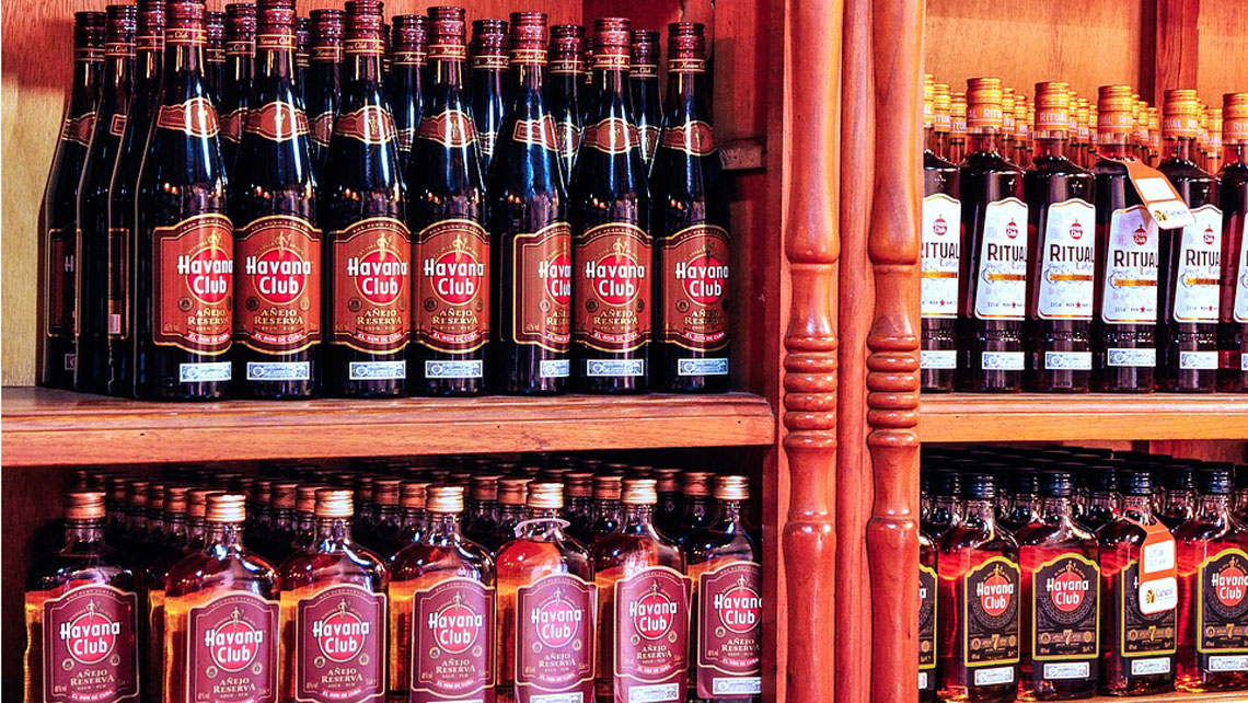 Bottles of Cuban's rum on display in a shop