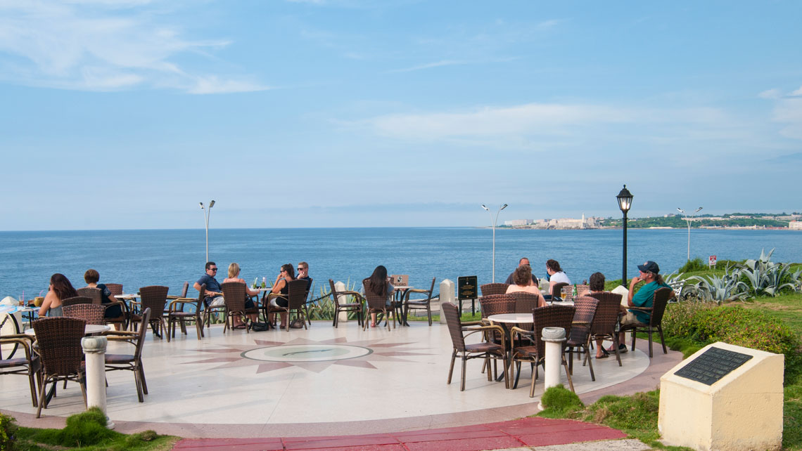 Tourists enjoying the magnificient views from the garden of Nacional de Cuba Hotel in Havana 
