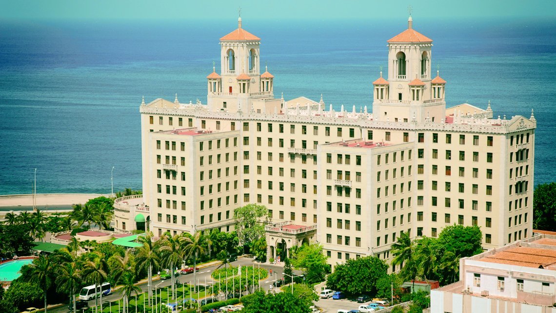 Aerial view of Hotel Nacional de Cuba, in the background the blue waters of the Florida Straits